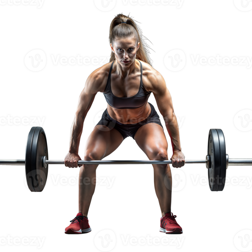 Strong female athlete lifting weights in a gym setting png