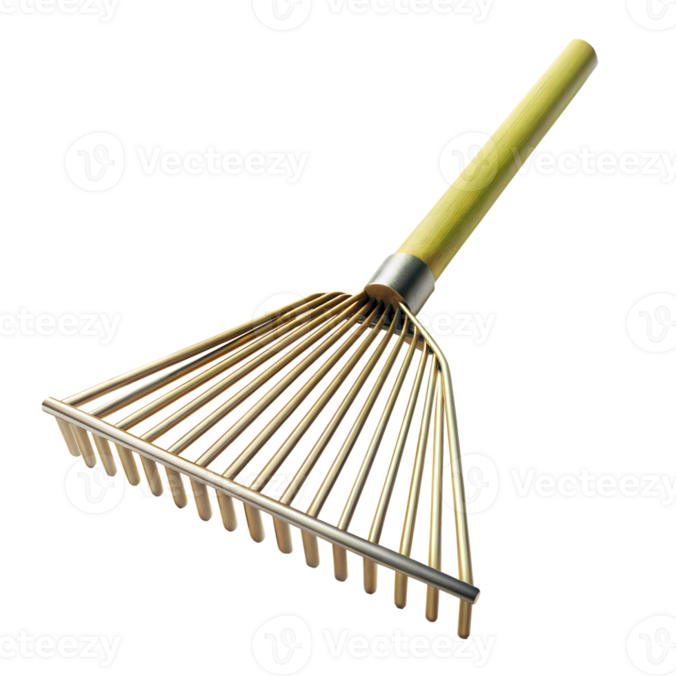 Metal garden rake with wooden handle isolated on transparency png