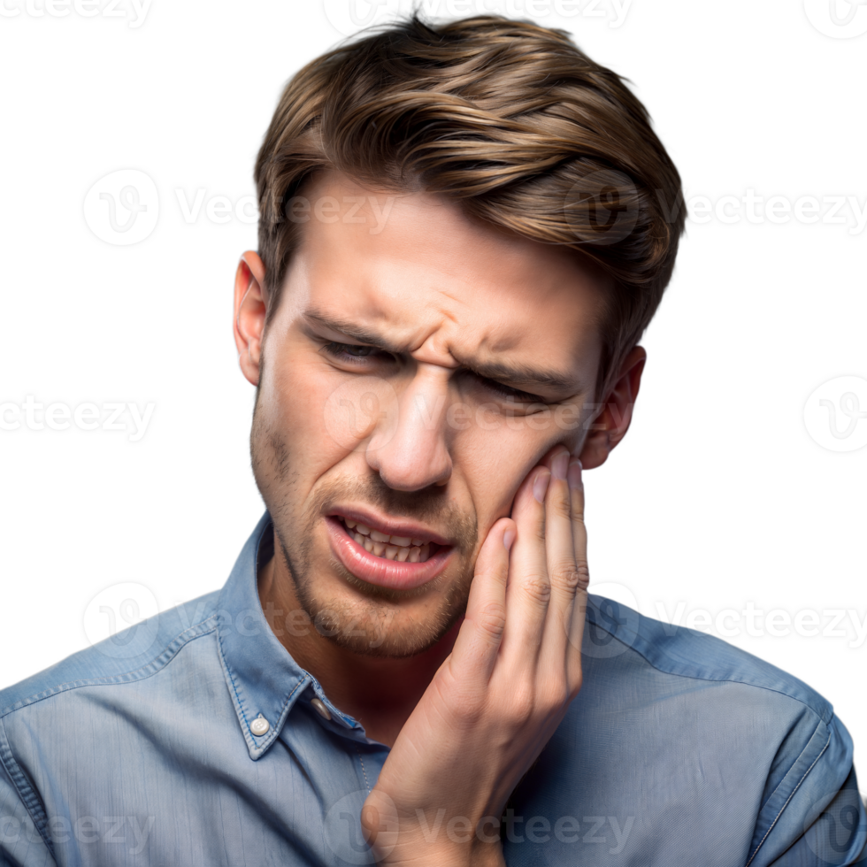 Young man in blue shirt feeling severe tooth pain png