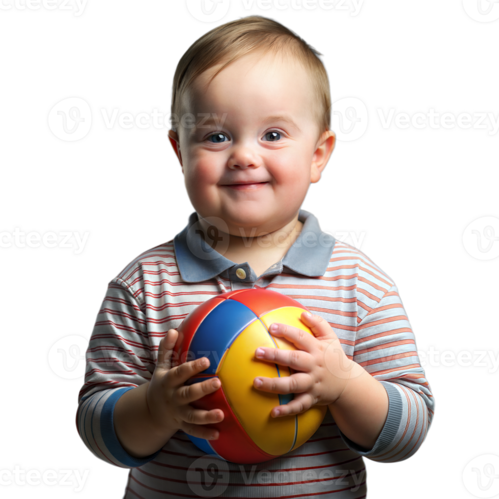 Smiling toddler holding colorful ball with joy and curiosity png