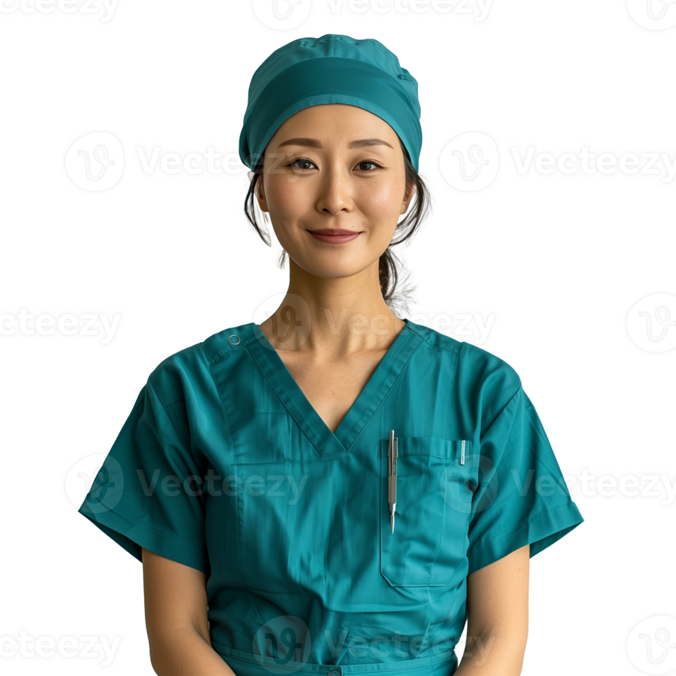 Confident Asian female surgeon in teal scrubs smiling png