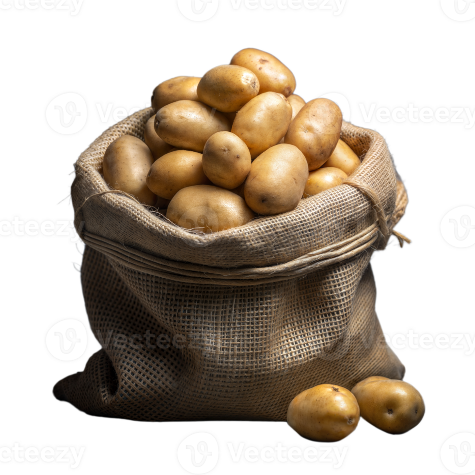 Fresh potatoes overflowing from a burlap sack png
