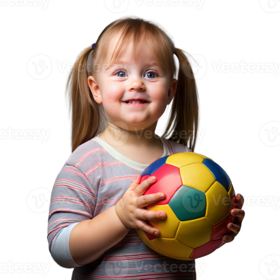 Adorable toddler girl smiling while holding a colorful ball png