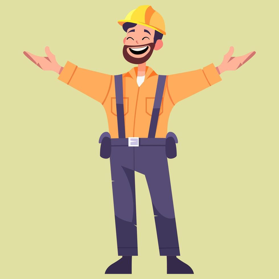 Happy flat construction worker character celebrating success with arms stretched vector