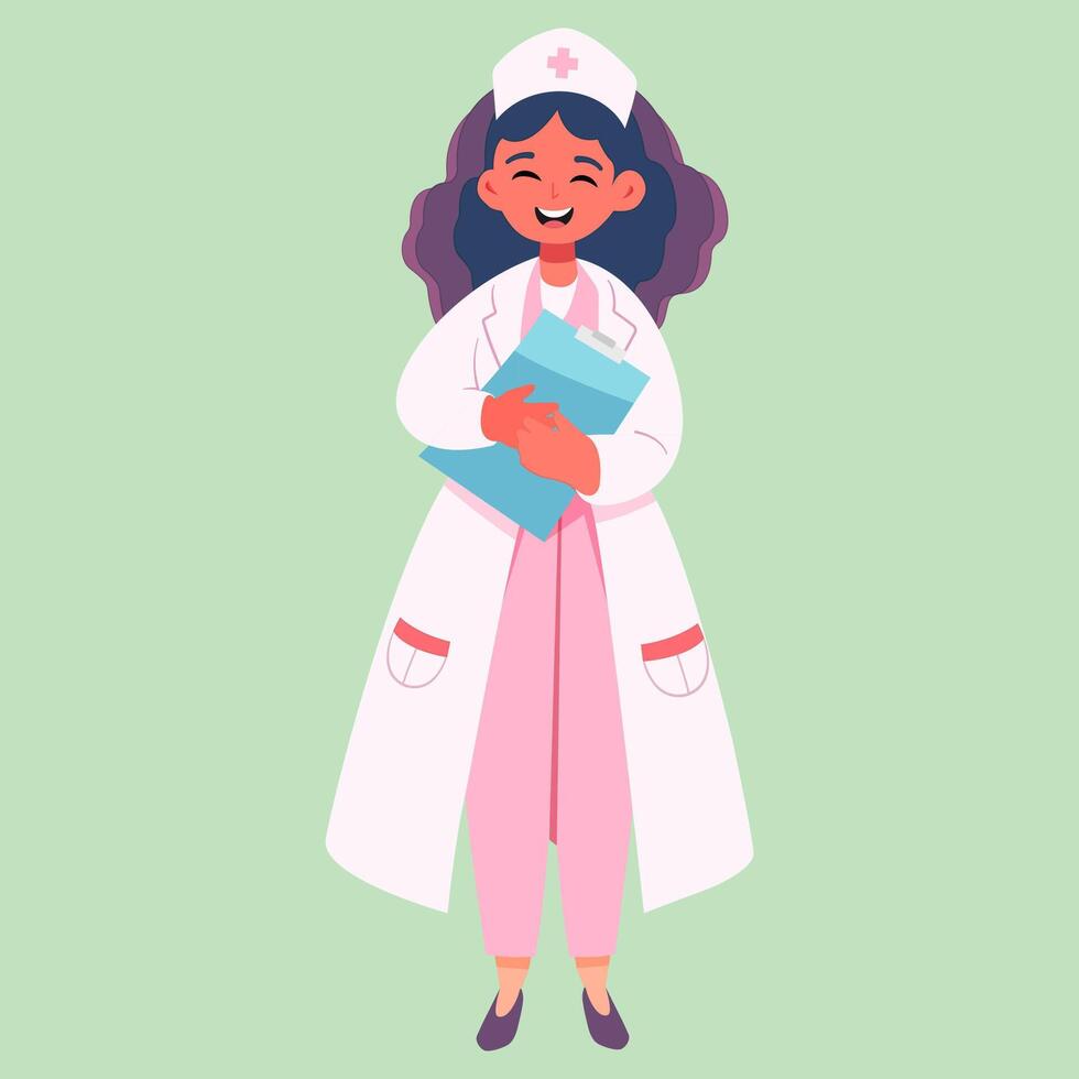 Smiling flat illustration of female nurse in white and pink uniform Holding Clipboard vector