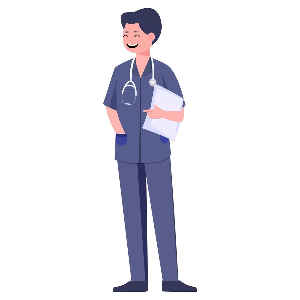 Smiling flat illustration of male nurse in blue doctor uniform holding clipboard, with stethoscope around his neck vector