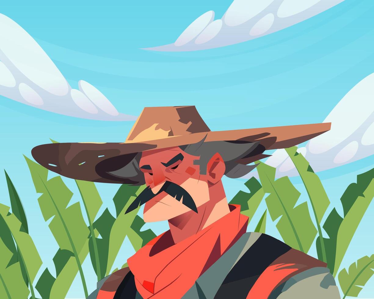 Farming struggle life featuring an upset, thoughtful, old, strong farmer character with cartoon illustration style vector