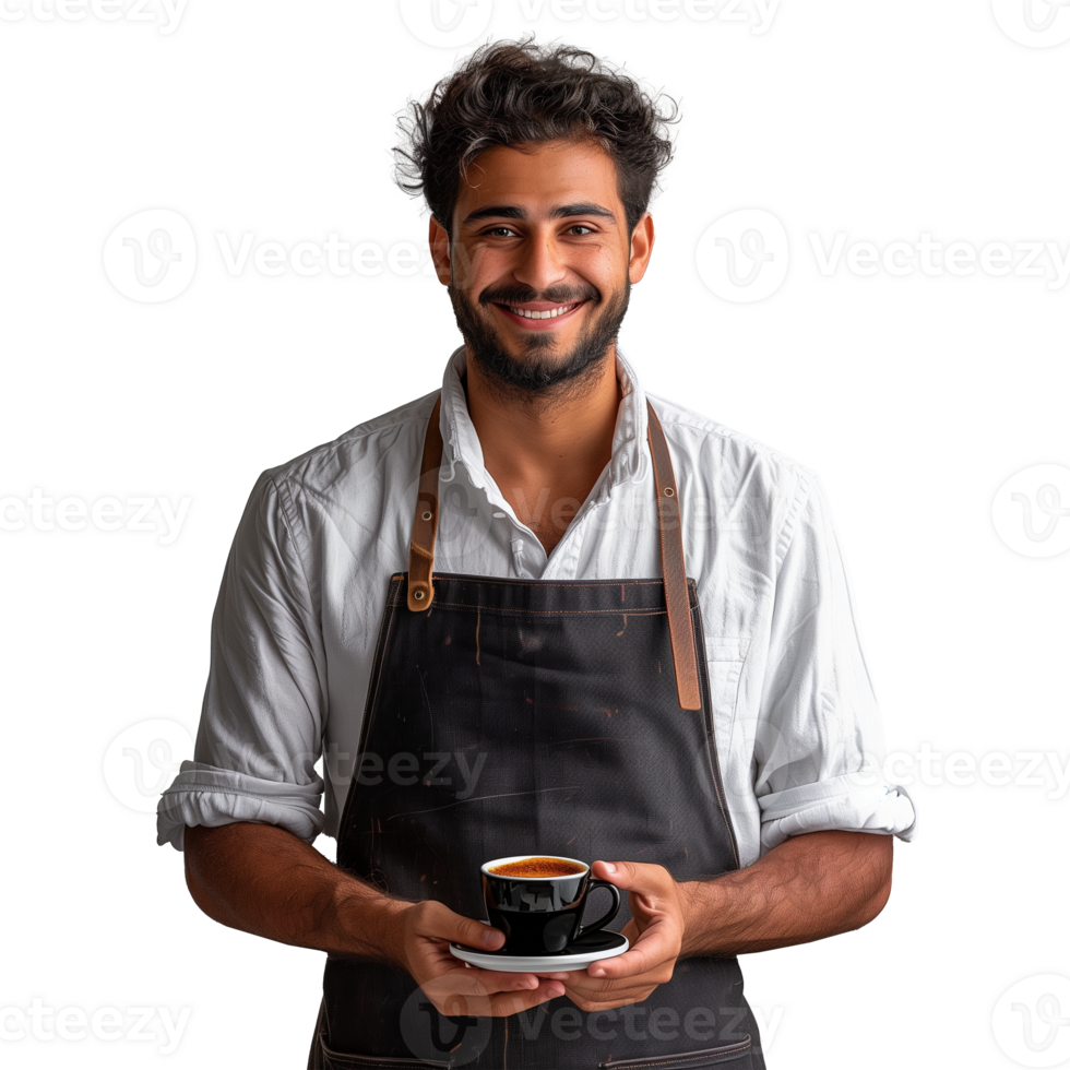 Friendly barista presenting a cup of coffee with a smile png