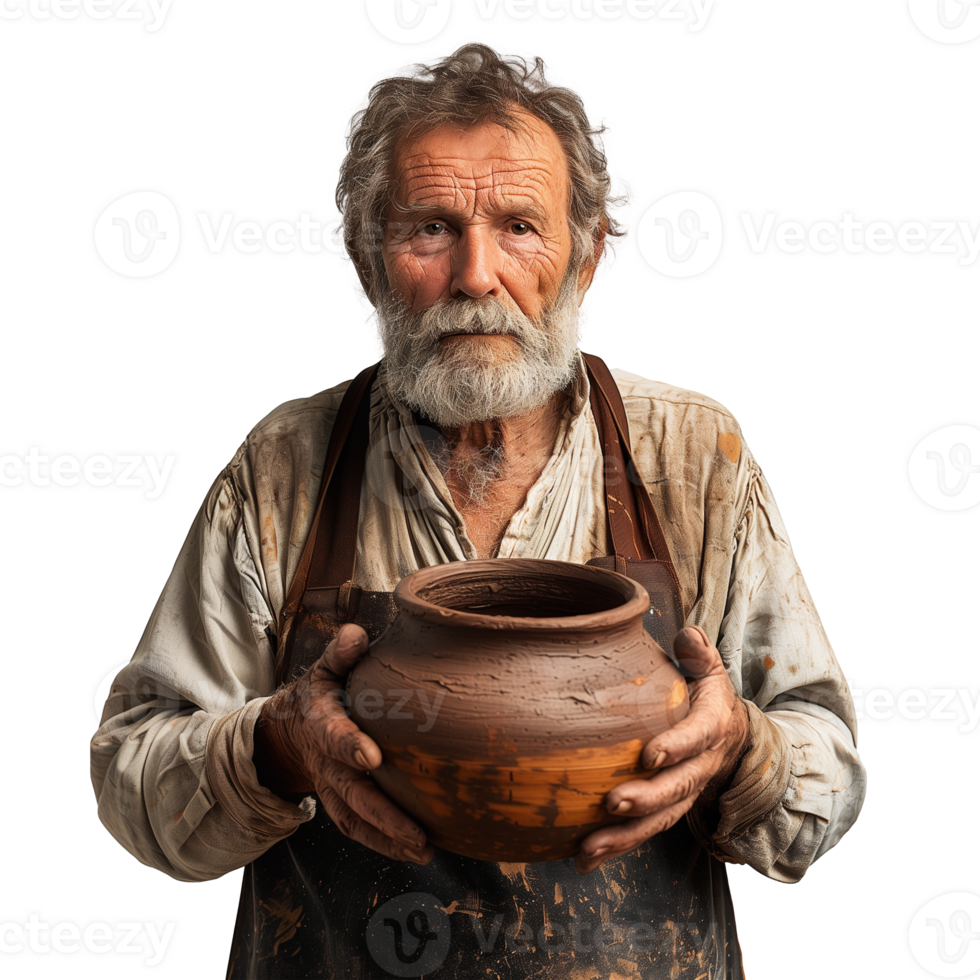 Senior craftsman presenting handmade pottery with expertise png