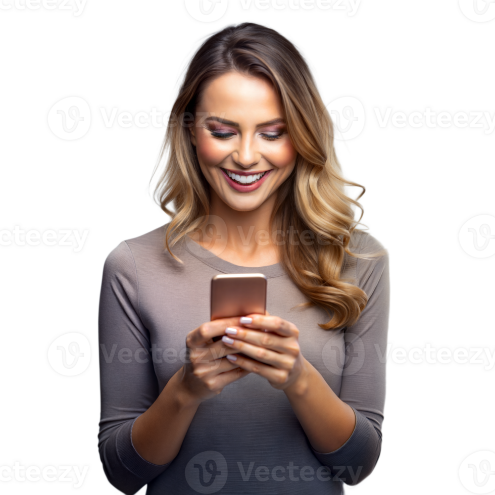 Smiling woman using smartphone with joyous expression png
