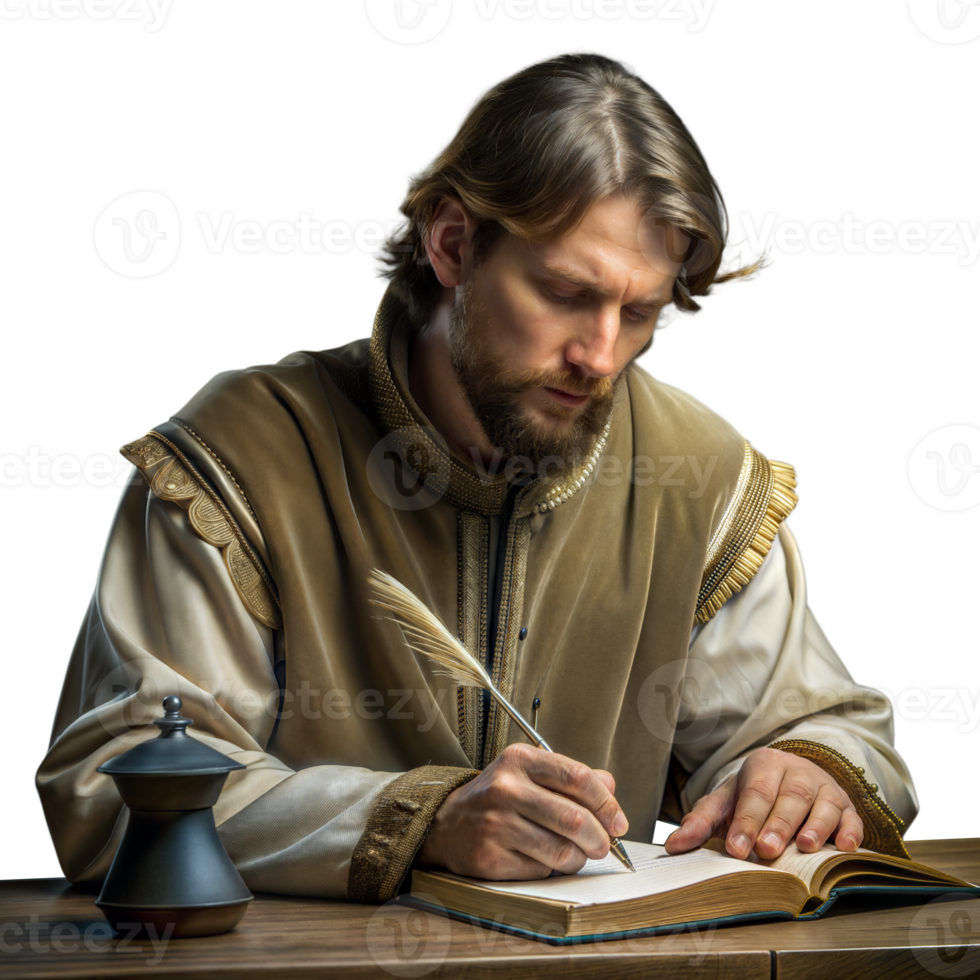 Medieval scholar writing in a book with a quill pen png