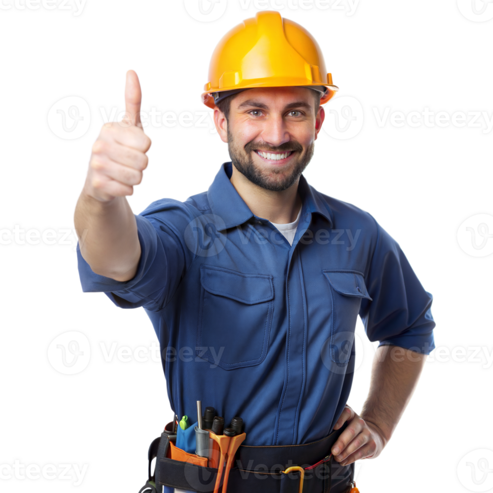 Confident construction worker giving thumbs up with tools png