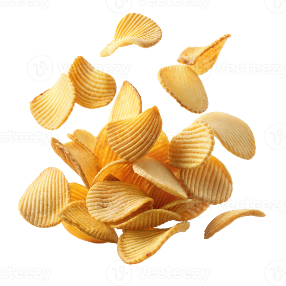 Crisp potato chips flying against a transparent background png