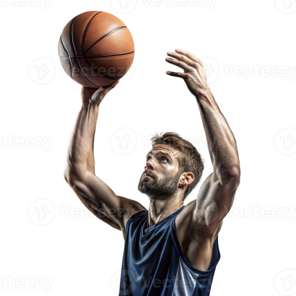 enfocado masculino baloncesto jugador disparo pelota en claro antecedentes png