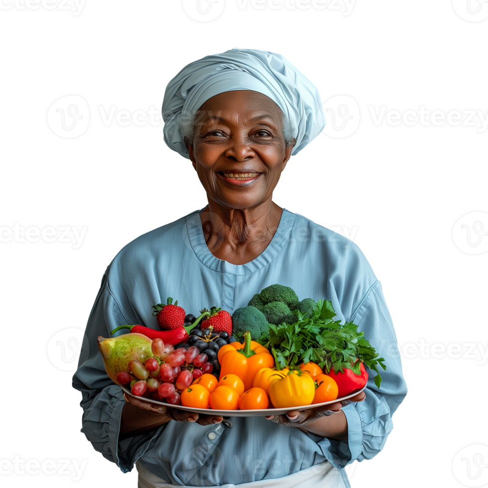 Senior woman smiling with a platter of fresh colorful fruits and vegetables png