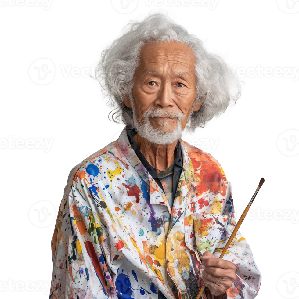 Elderly artist with colorful paint splattered smock holding a brush png