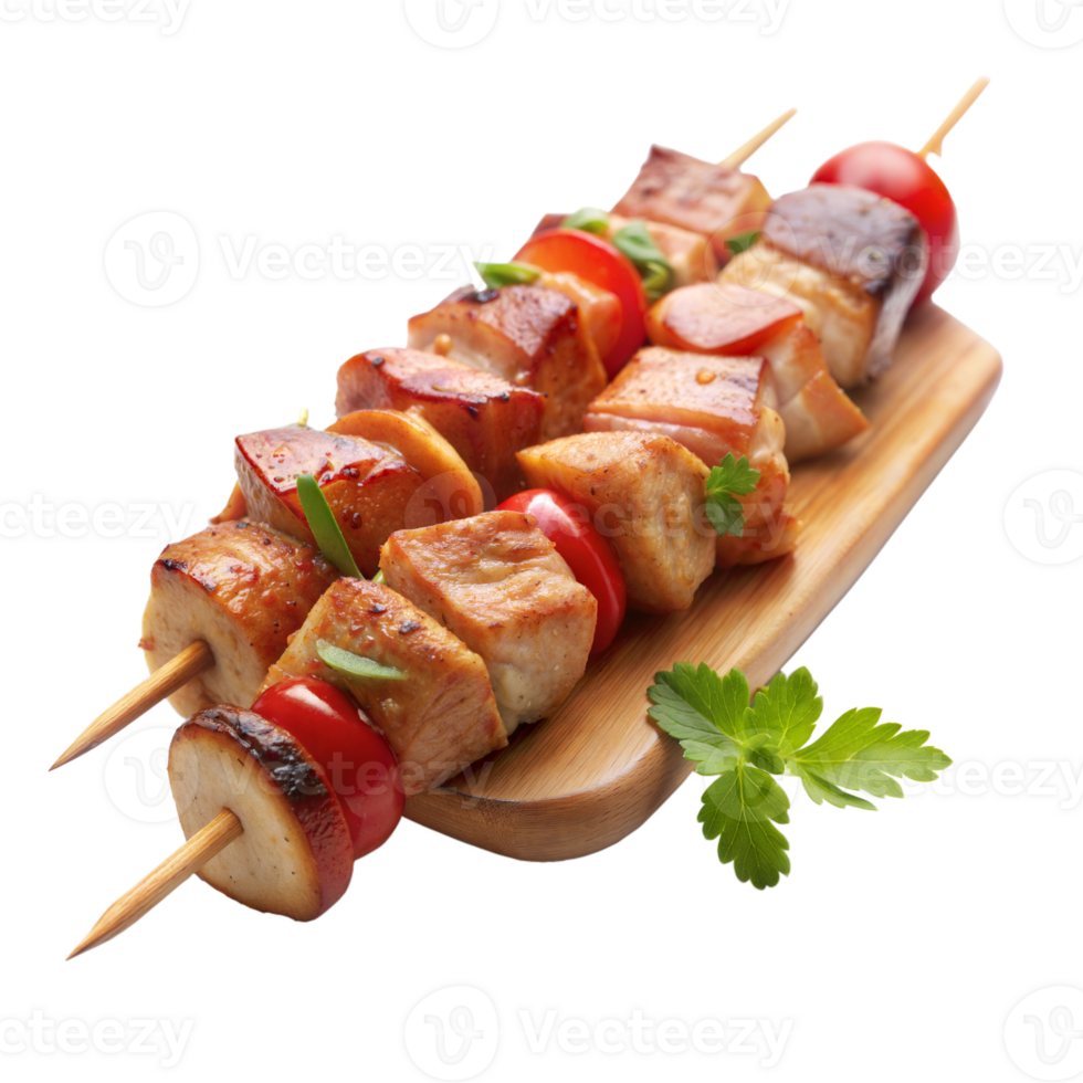 Juicy grilled chicken skewers with vegetables on wooden board png