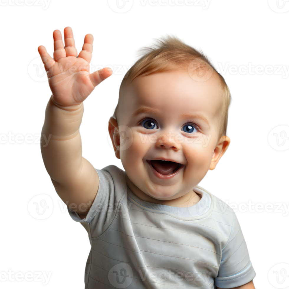Cheerful baby waving with a bright smile on transparent background png