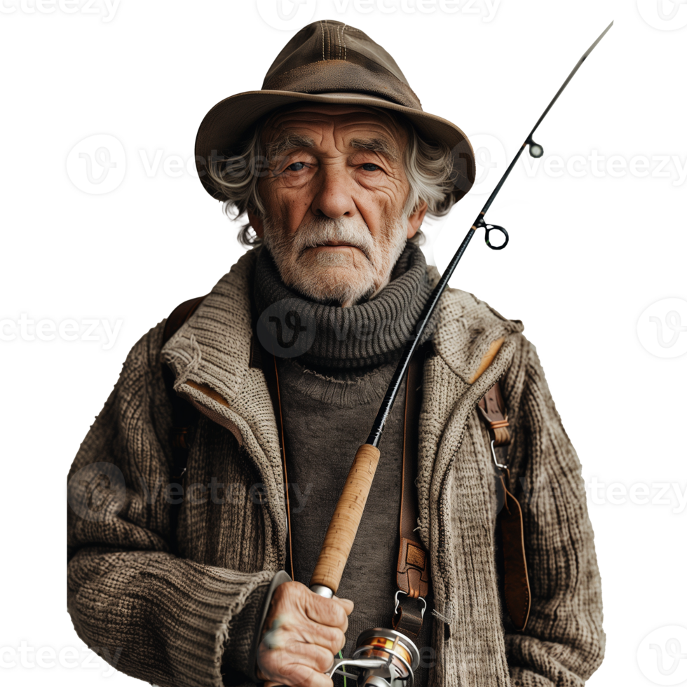 Elderly fisherman with experienced gaze holding fishing rod png