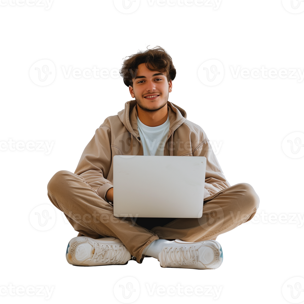 Young man with laptop sitting cross-legged in casual attire png