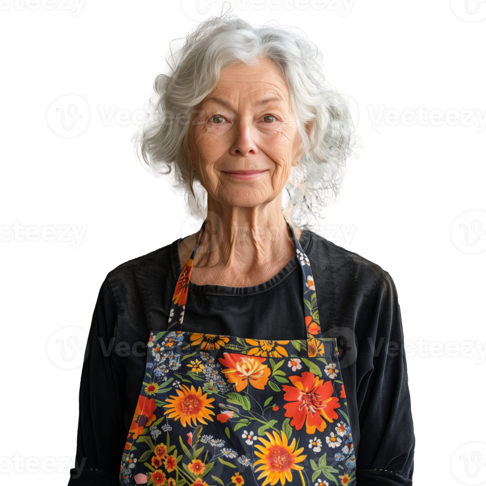 Senior woman with a bright floral apron smiling gently png