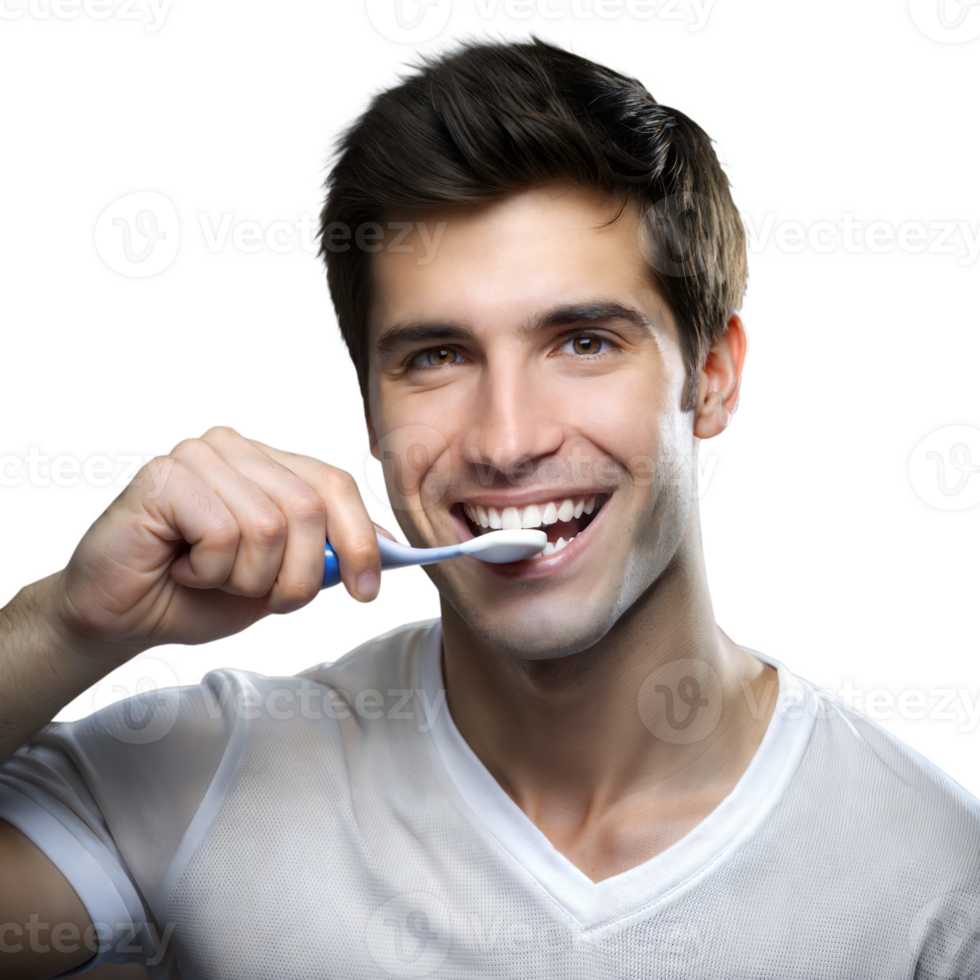 Young man smiling while brushing teeth with a toothbrush png