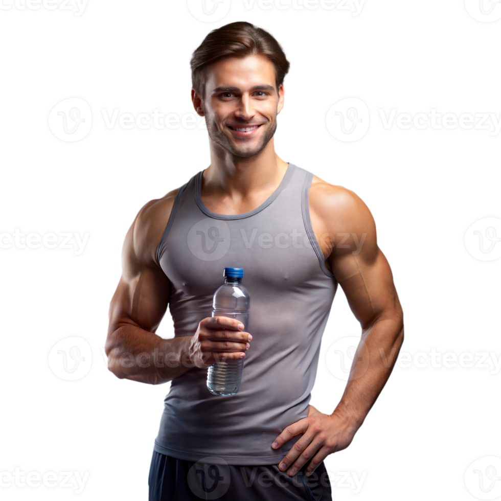 Fit young man smiling and holding a water bottle png