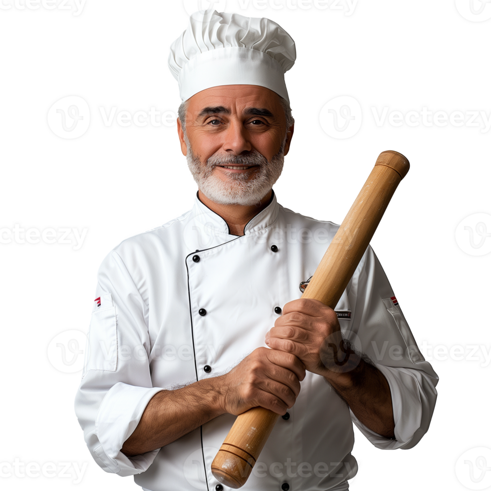 Confident senior chef with rolling pin smiling in uniform png