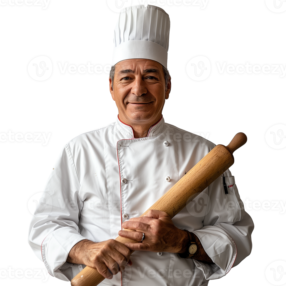 Senior chef with a rolling pin on a transparent background png