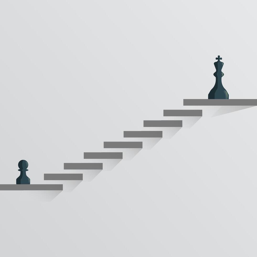 Chess pawn standing with king on the top of stairs. Dream, motivation and ambition illustration vector