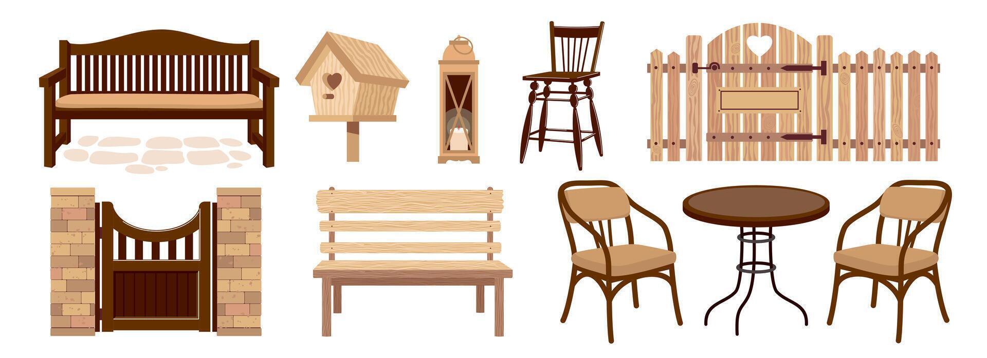 A set of illustrations of rural garden fittings. Home wooden furniture - table, chairs, bench, armchairs, fence, gate, birdhouse, street lamp. vector