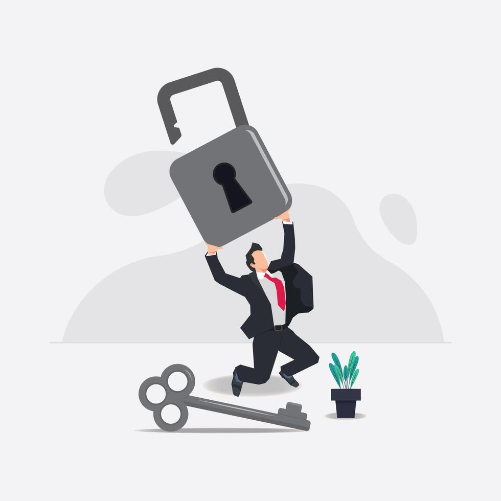 Businessman lifting the unlock padlock. Solve problem of business design illustration vector