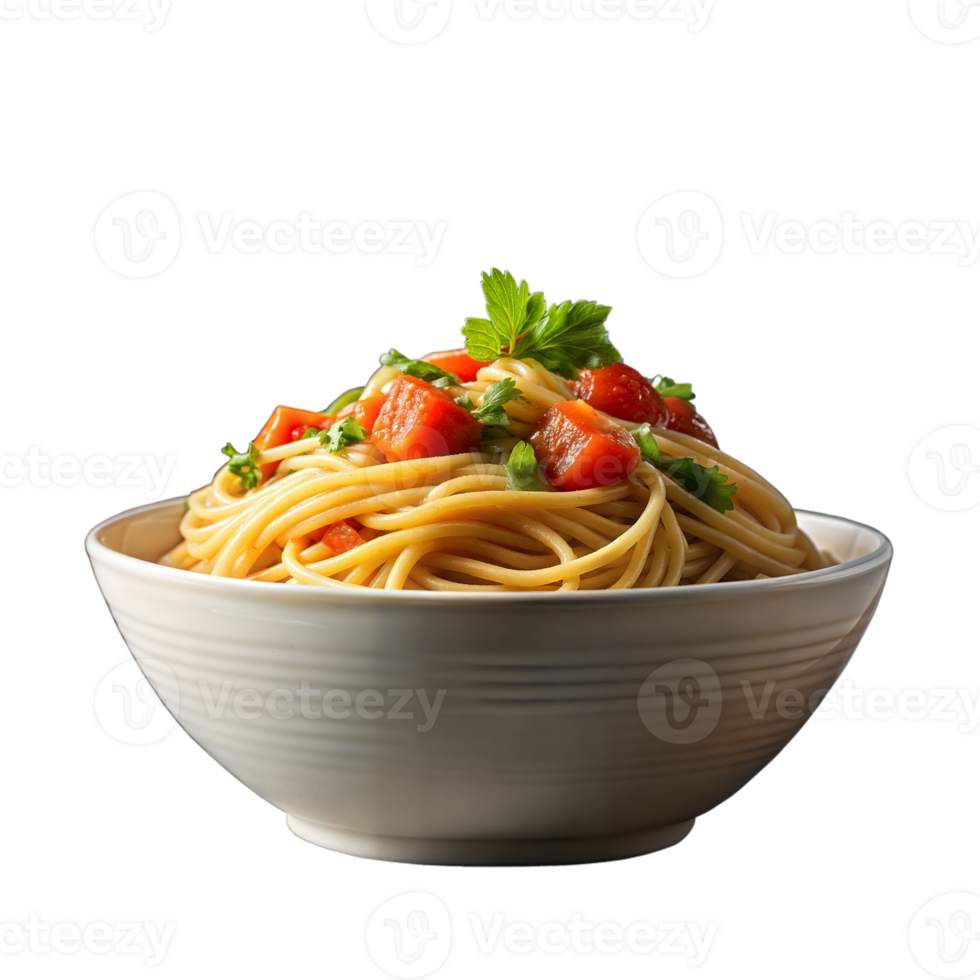 Delicious spaghetti with fresh tomatoes and herbs in a bowl png