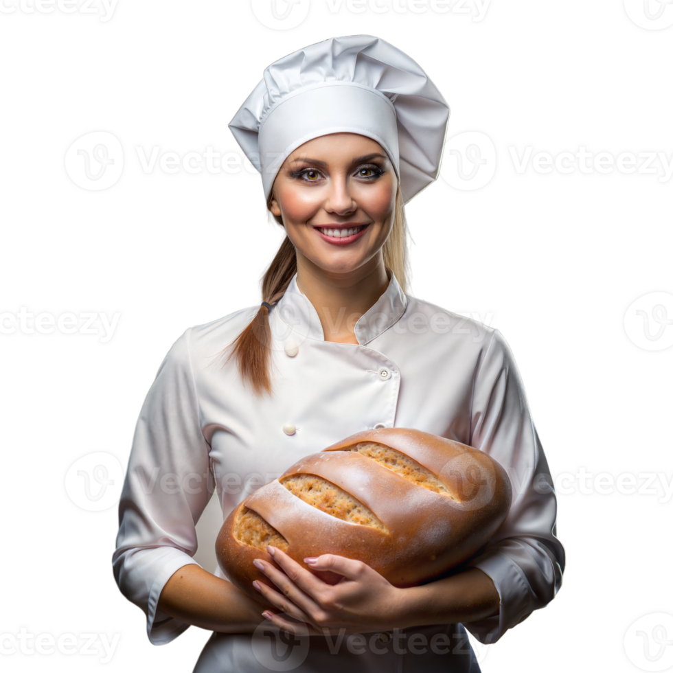 Professional female chef smiling, holding fresh bread loaf png