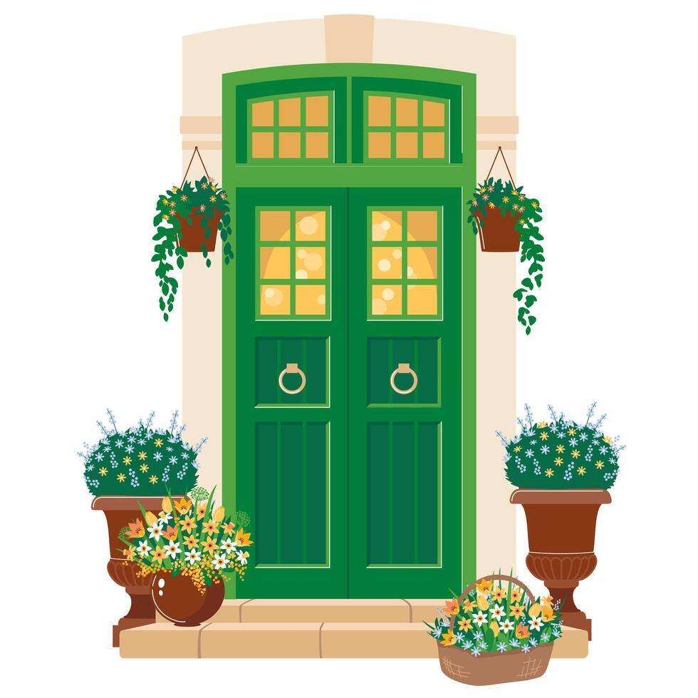 The green front door is decorated with potted flowers. The green entrance door with stone steps in the villa. vector