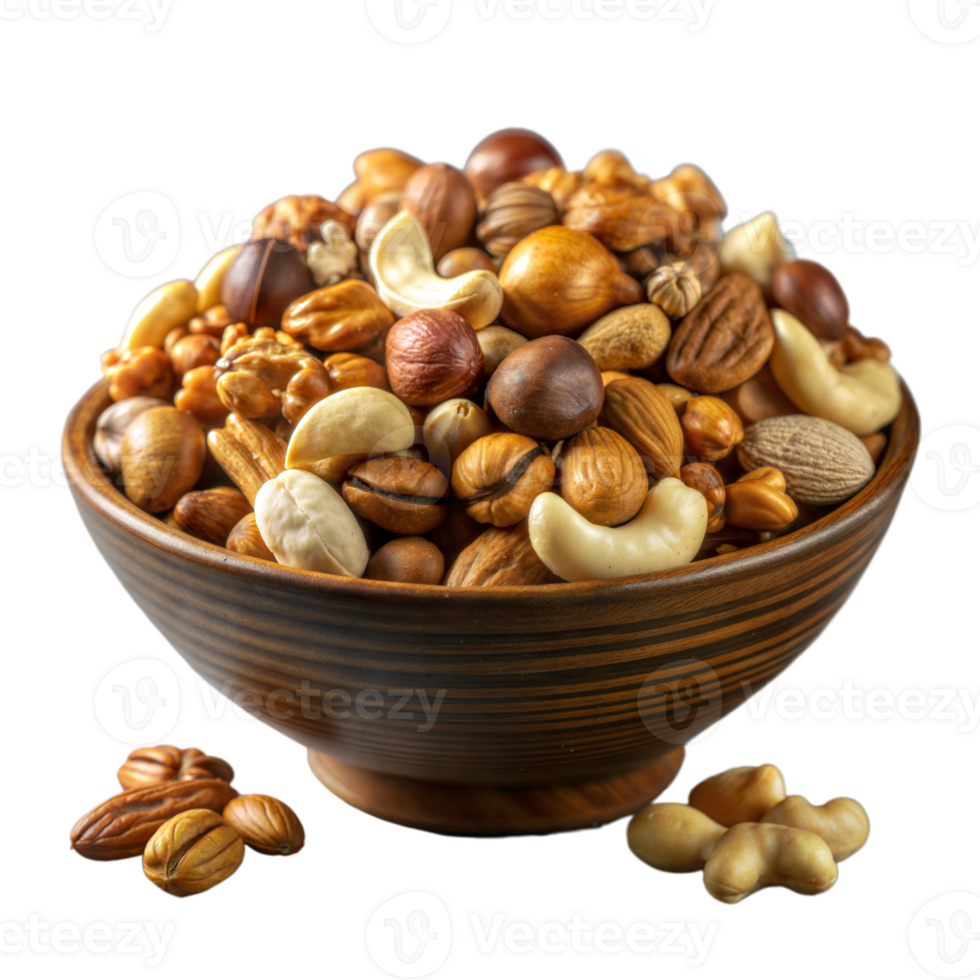 Assorted nuts in a decorative bowl isolated on transparent png