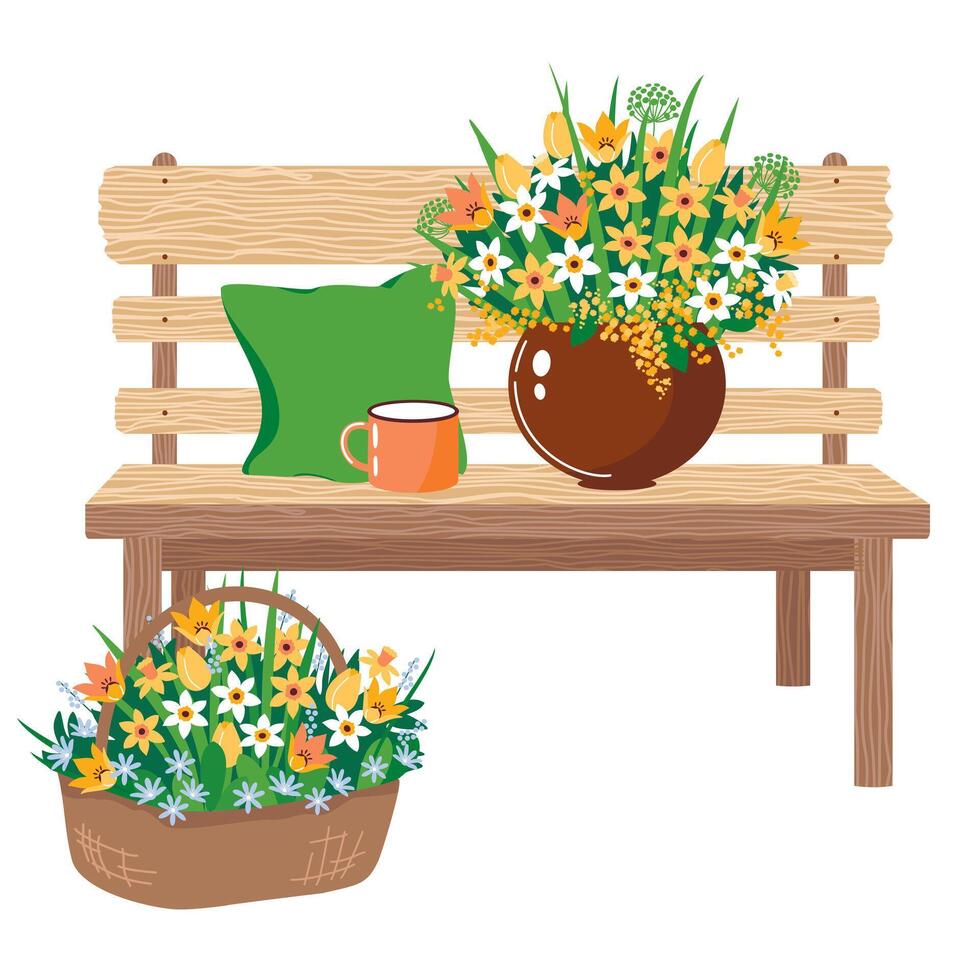 Spring flowers in a basket and vase on a garden wooden bench. A spring scene with a rustic bench, spring daffodils, tulips in a pot. Illustrated clipart. vector