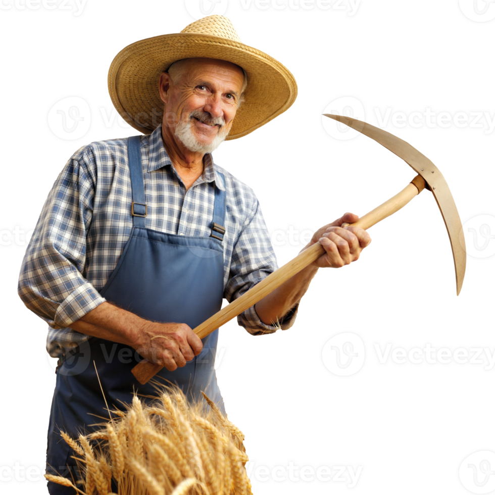 Senior farmer with a scythe standing next to wheat stalks png