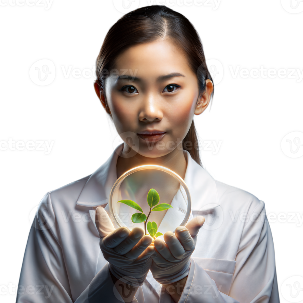 Scientist examining a growing plant in a petri dish, innovation concept png