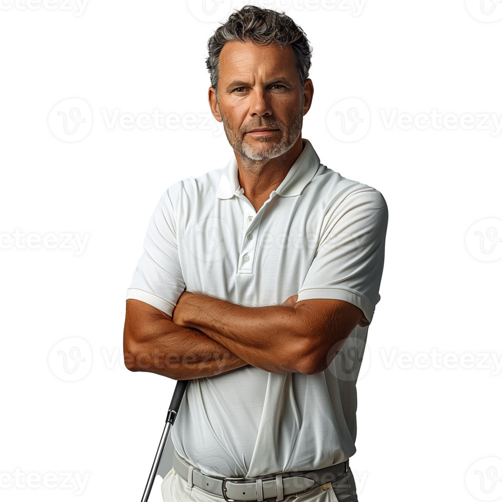 Confident senior golfer with arms crossed in a studio setting png