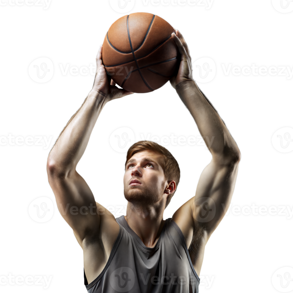 Focused young athlete shooting basketball on transparent background png