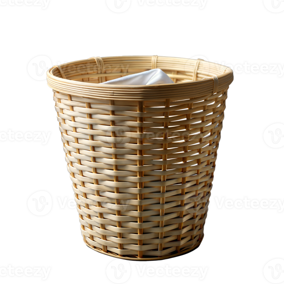 Wicker laundry basket with white cloth on transparent background png