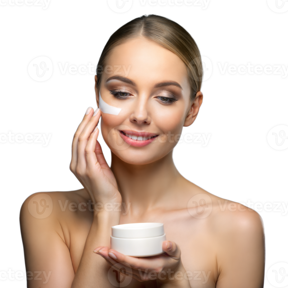 Elegant woman applying facial cream for skincare routine png