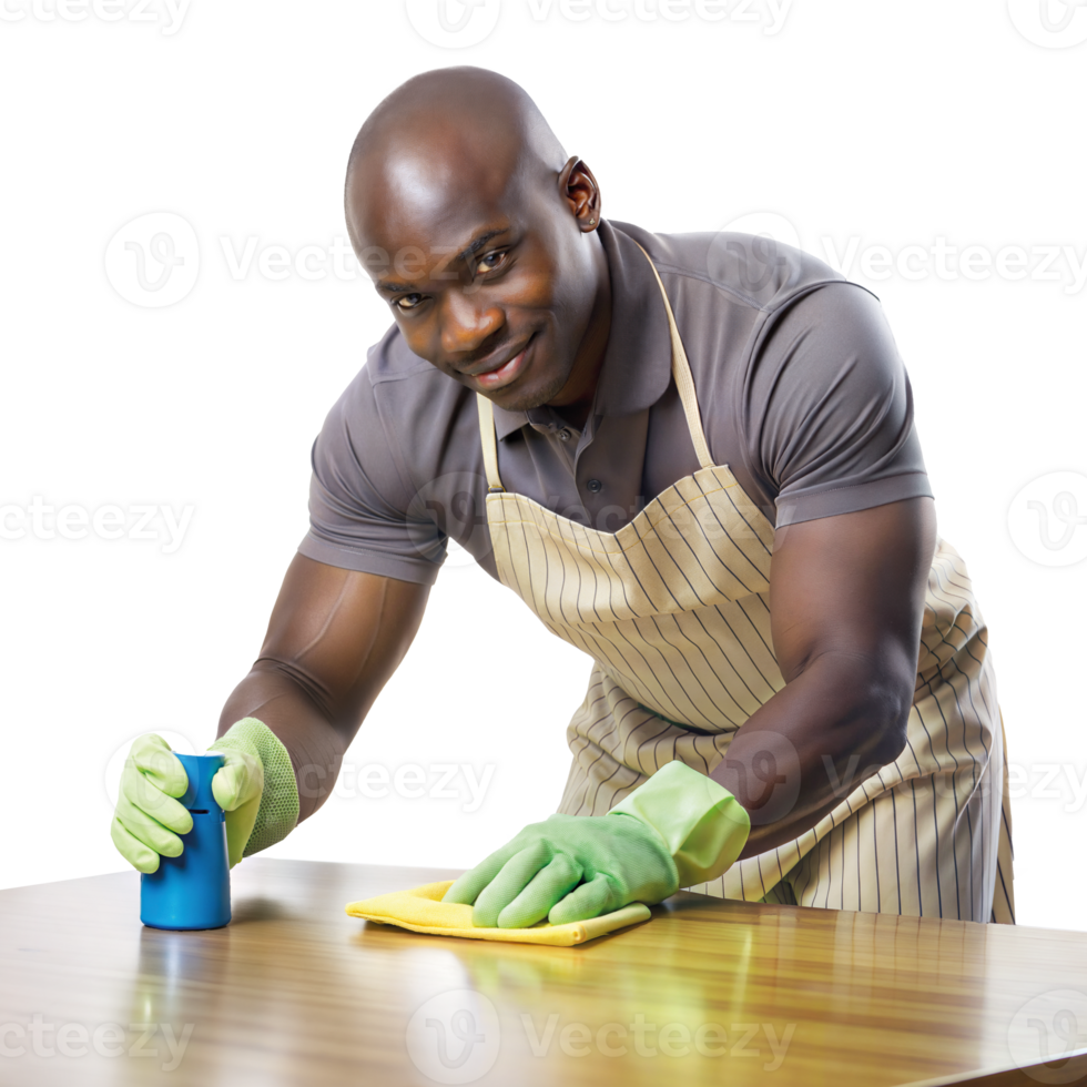 Smiling man cleaning wooden table with spray and cloth png