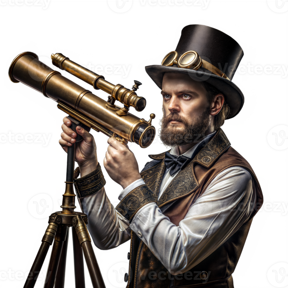 Victorian gentleman with telescope exploring the unknown png