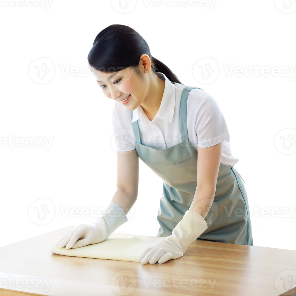 Smiling Asian woman cleaning table in apron and gloves png