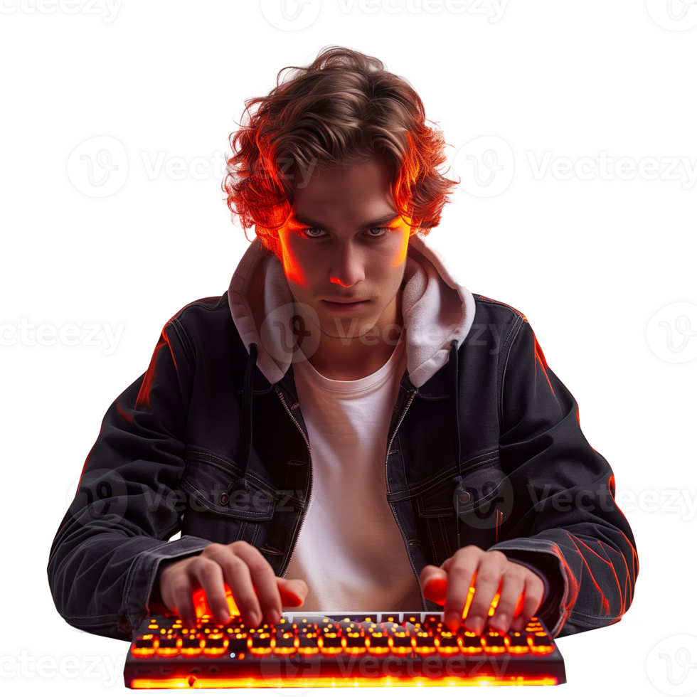 Focused gamer with glowing keyboard in a dramatic setting png