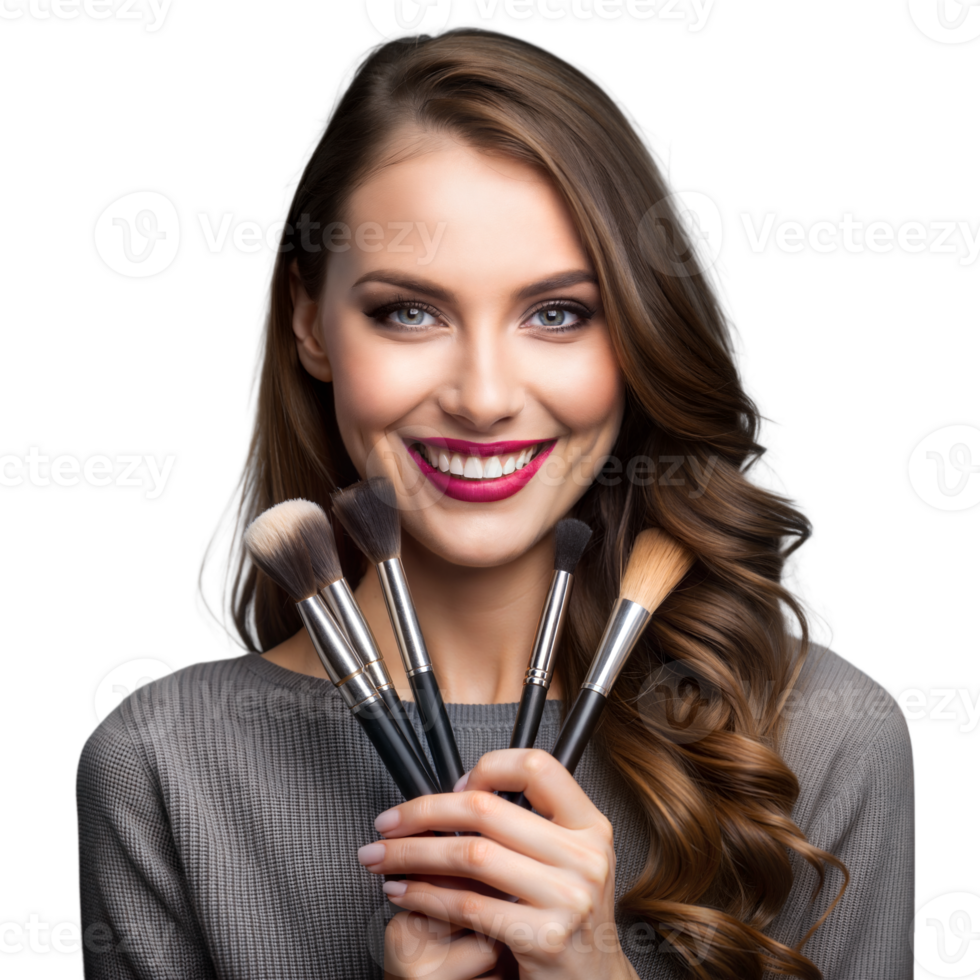 souriant beauté expert en portant maquillage brosses sur transparent Contexte png