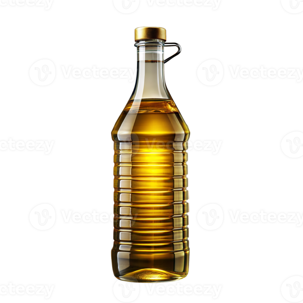 Elegant glass bottle of golden cooking oil on transparent background png