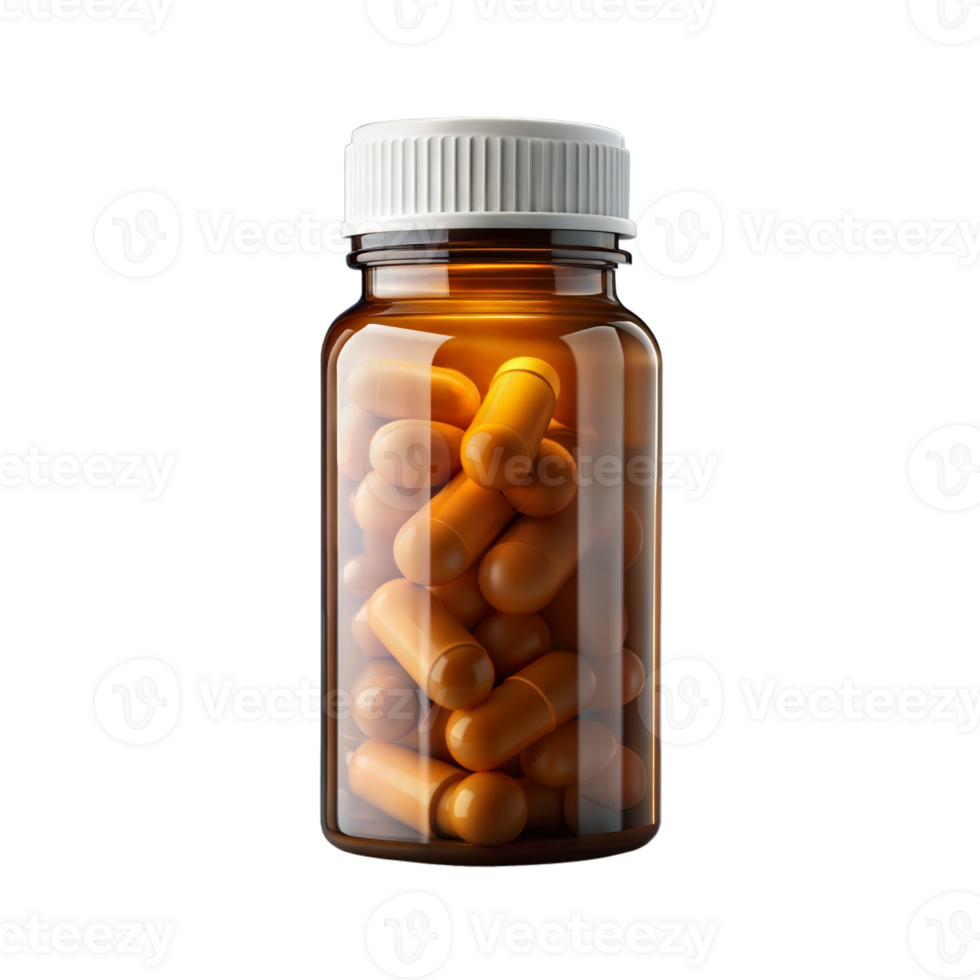 Amber medicine bottle filled with capsules on transparent background png